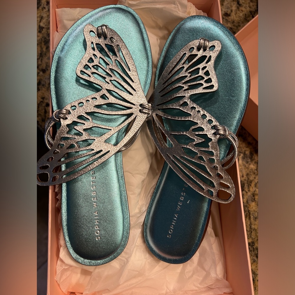 Sophia Webster Teal and Silver Butterfly Sandals